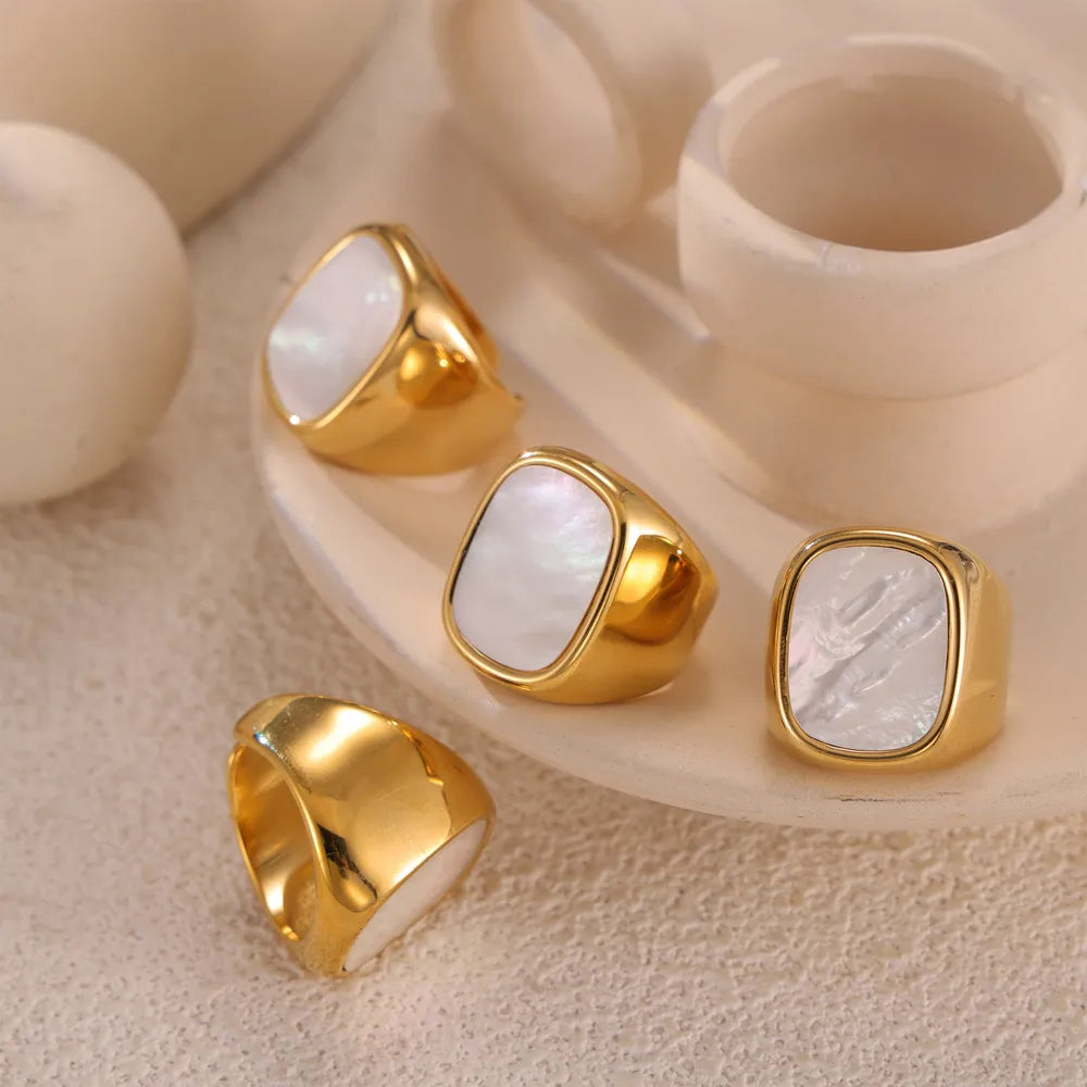 Elegant Retro Quadrilateral 304 Stainless Steel Shell Plating Inlay Shell 18K Gold Plated Men'S Open Rings