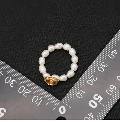 Elegant Retro Rose Freshwater Pearl Copper Beaded Plating 18k Gold Plated Rings