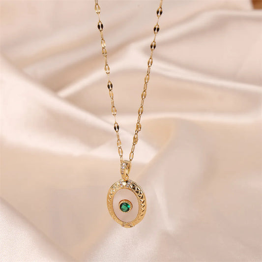 Elegant Retro Shiny Geometric Stainless Steel Plating Inlay Rhinestones 18k Gold Plated Pendant Necklace