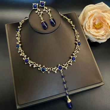 Elegant Retro Shiny Water Droplets Flower Artificial Gemstones Alloy Glass Inlay Artificial Gemstones Glass Stone 24K Gold Plated Women'S Earrings Necklace