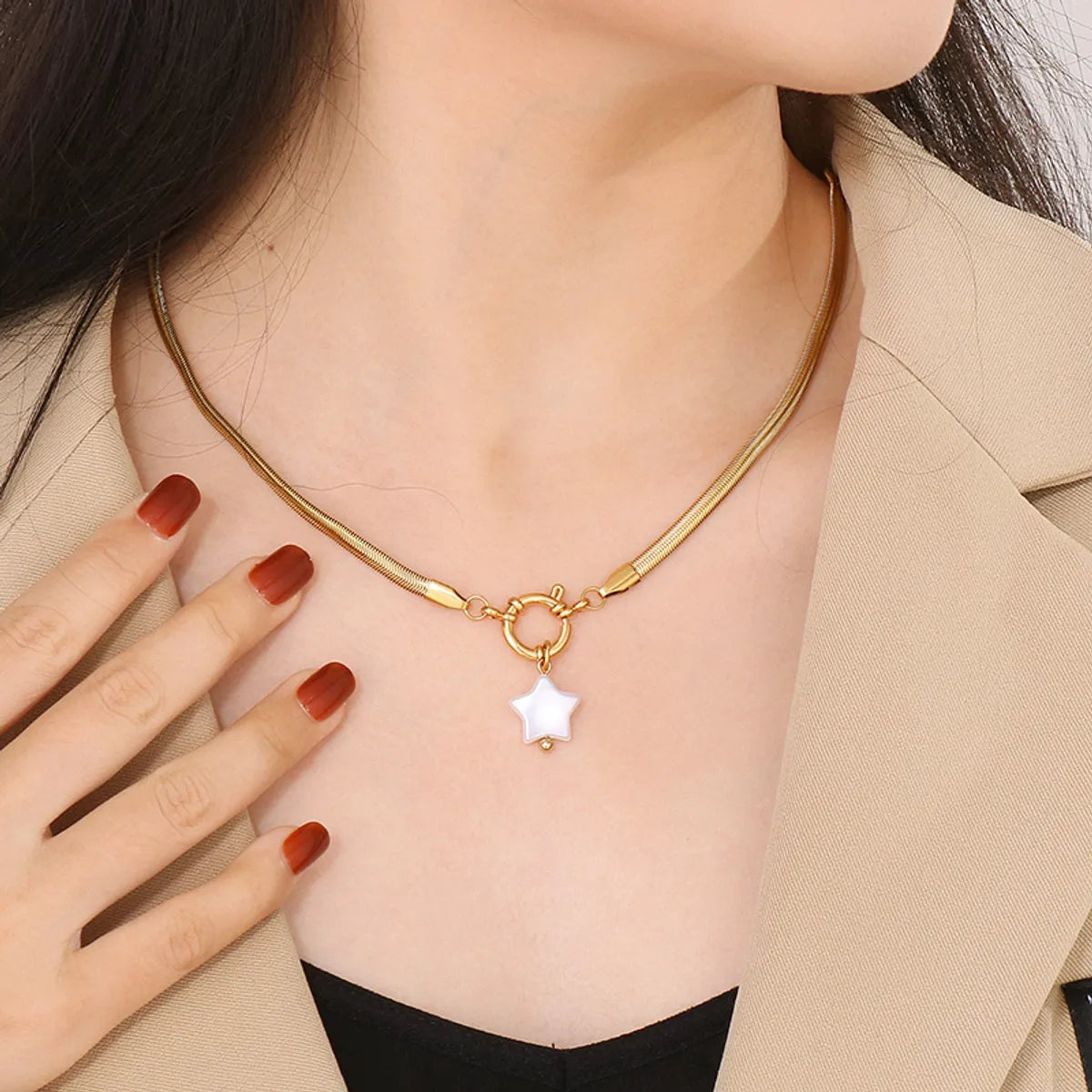 Elegant Retro Square Star Stainless Steel Imitation Pearl Plating 18k Gold Plated Pendant Necklace