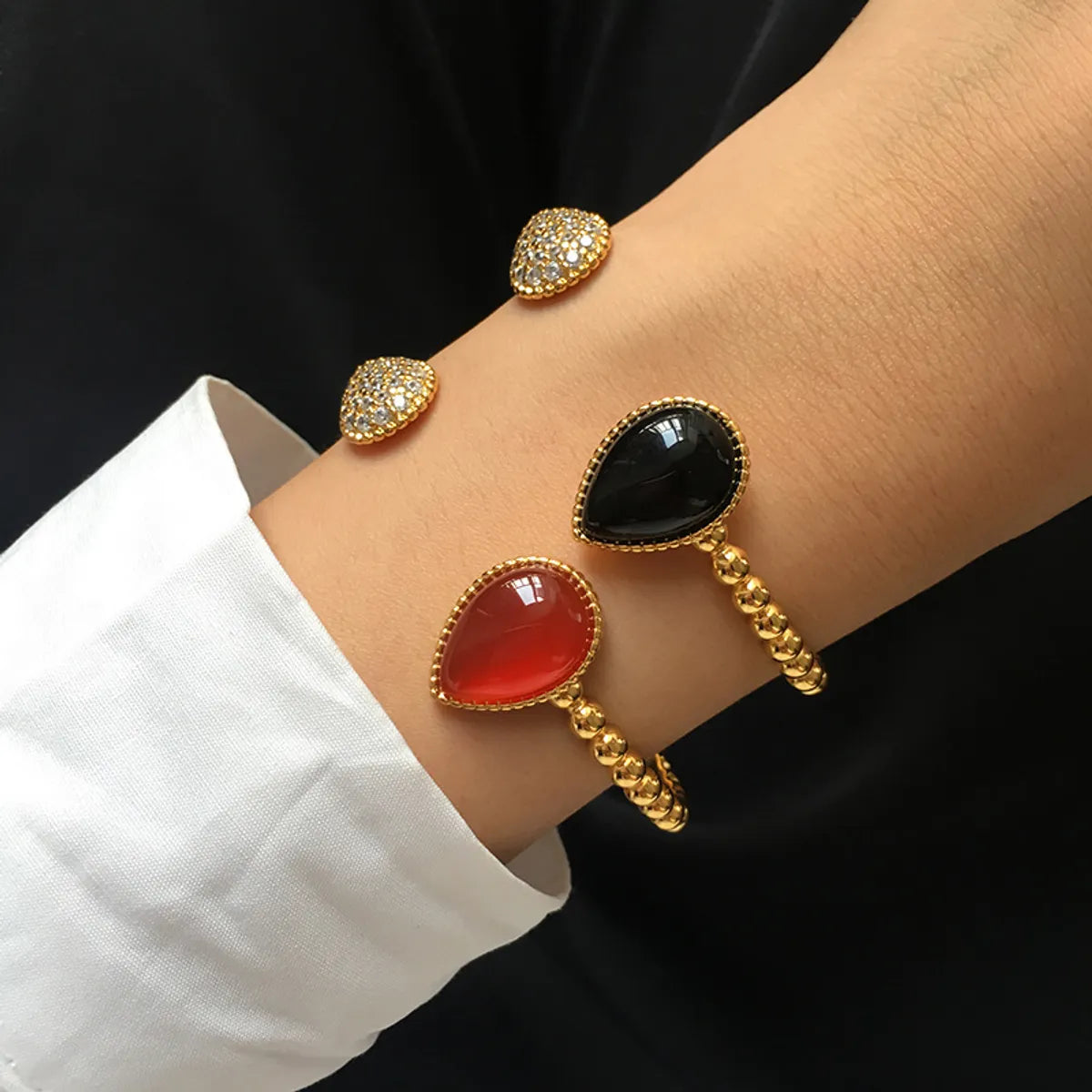 Elegant Retro Water Droplets Copper Plating Inlay Agate Zircon Cuff Bracelets