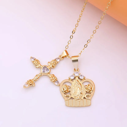 Elegant Romantic Cross Rose Crown Copper Plating Inlay Carving Zircon 18k Gold Plated Unisex Pendant Necklace