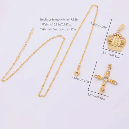 Elegant Romantic Cross Rose Crown Copper Plating Inlay Carving Zircon 18k Gold Plated Unisex Pendant Necklace