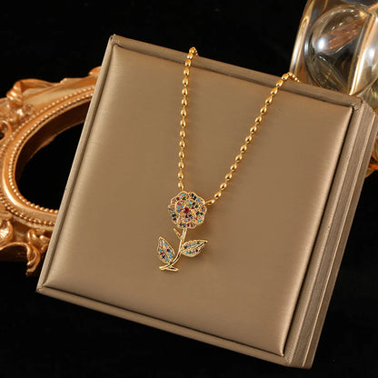 Elegant Romantic Flower Stainless Steel Copper Plating Inlay Zircon 18k Gold Plated Pendant Necklace