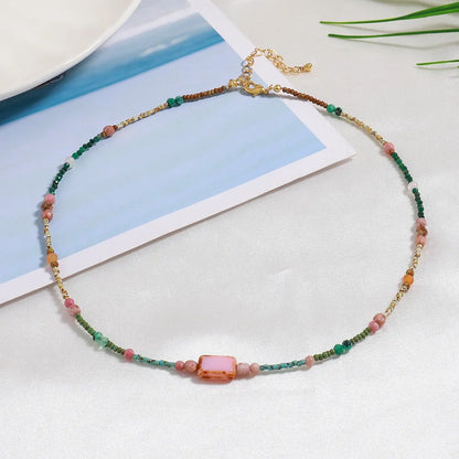 Elegant Romantic Round Square 18K Gold Plated Natural Stone Seed Bead Copper Wholesale Necklace