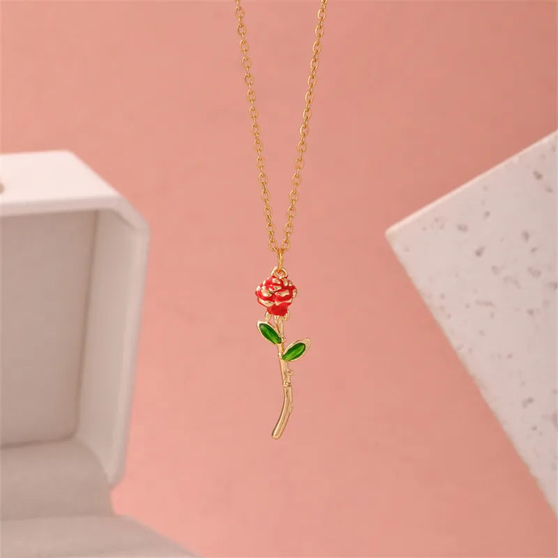 304 Stainless Steel Copper Gold Plated Elegant Enamel Plating Rose Pendant Necklace