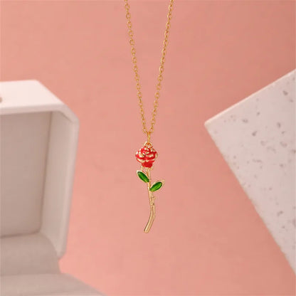 304 Stainless Steel Copper Gold Plated Elegant Enamel Plating Rose Pendant Necklace