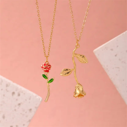 304 Stainless Steel Copper Gold Plated Elegant Enamel Plating Rose Pendant Necklace