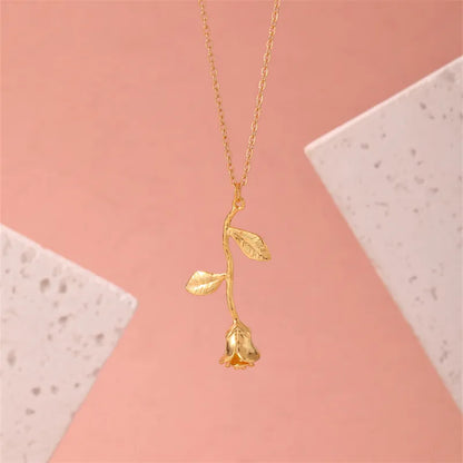 304 Stainless Steel Copper Gold Plated Elegant Enamel Plating Rose Pendant Necklace