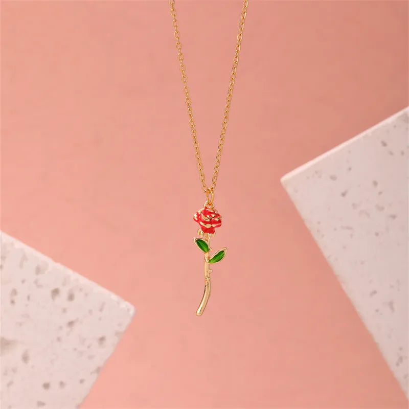 304 Stainless Steel Copper Gold Plated Elegant Enamel Plating Rose Pendant Necklace