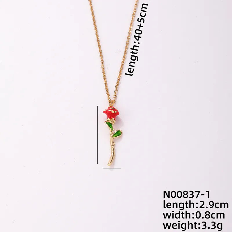 304 Stainless Steel Copper Gold Plated Elegant Enamel Plating Rose Pendant Necklace