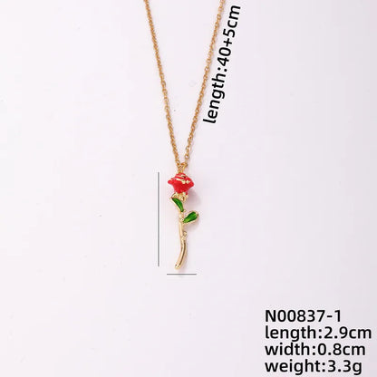 304 Stainless Steel Copper Gold Plated Elegant Enamel Plating Rose Pendant Necklace