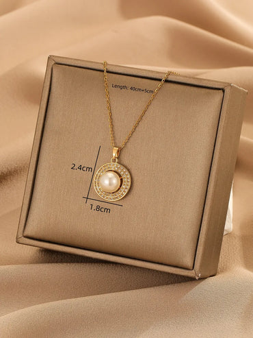 Elegant Round Copper Artificial Pearls 18k Gold Plated Pendant Necklace