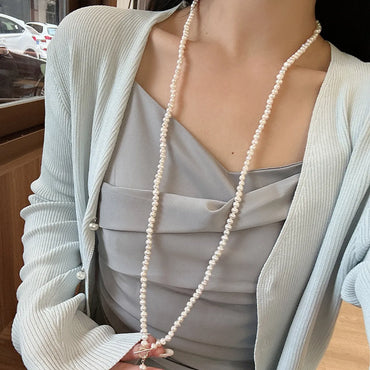 Elegant Round Freshwater Pearl Brass Beaded Sweater Chain