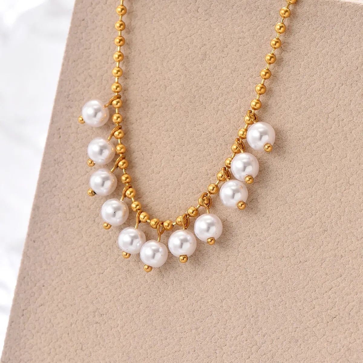 Elegant Round Stainless Steel Artificial Pearl Plating 14k Gold Plated Pendant Necklace