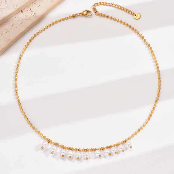 Elegant Round Stainless Steel Artificial Pearl Plating 14k Gold Plated Pendant Necklace