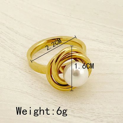 Elegant Round Stainless Steel Plating Inlay Artificial Pearls Gold Plated Rings