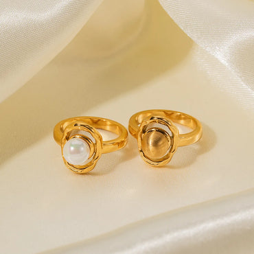 Elegant Round Stainless Steel Plating Inlay Pearl 18k Gold Plated Rings