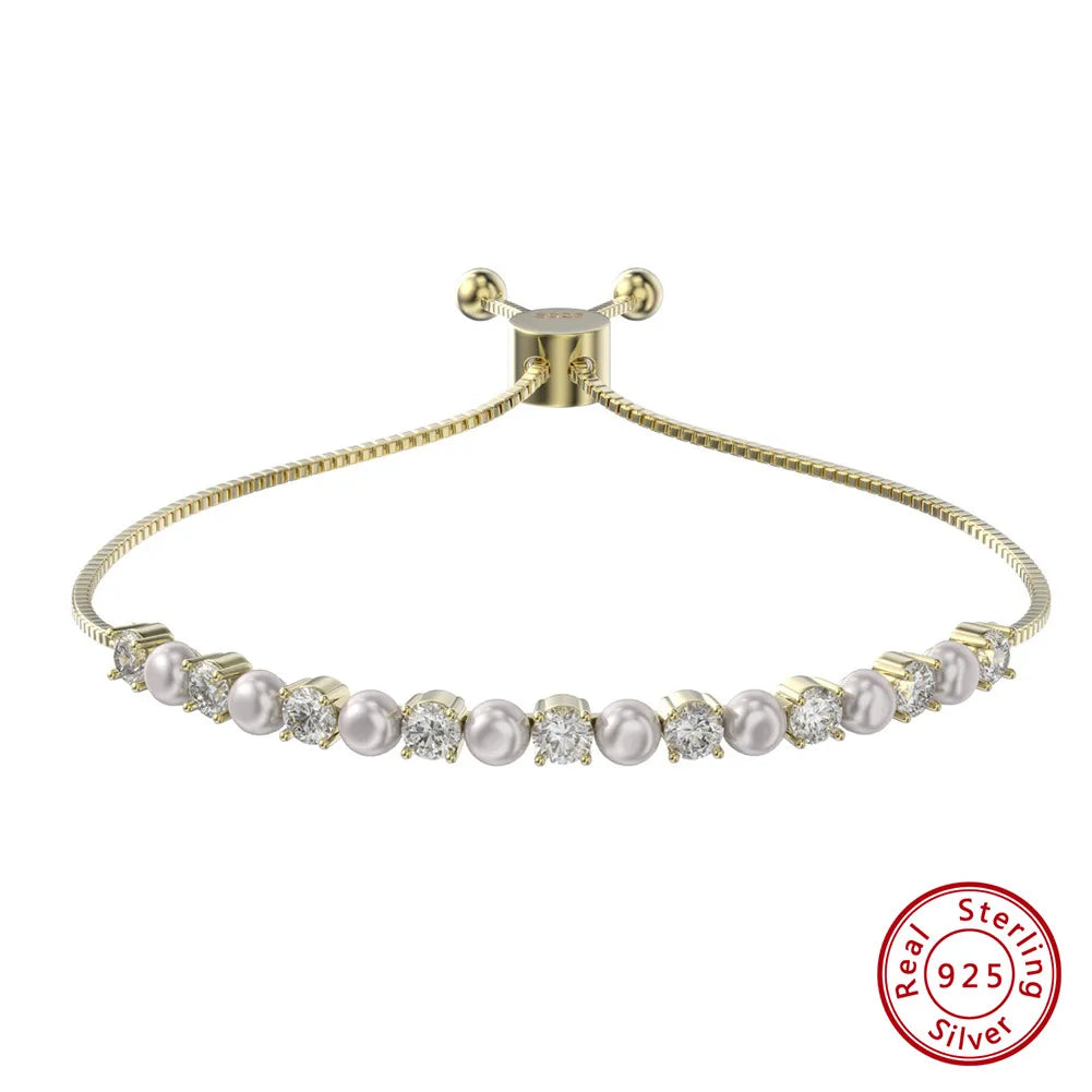 Elegant Round Sterling Silver Plating Inlay Freshwater Pearl Zircon Bracelets