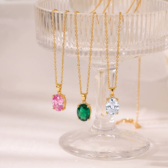 Elegant Round Zircon Geometric Stainless Steel Necklace With Electroplated Finish For Women