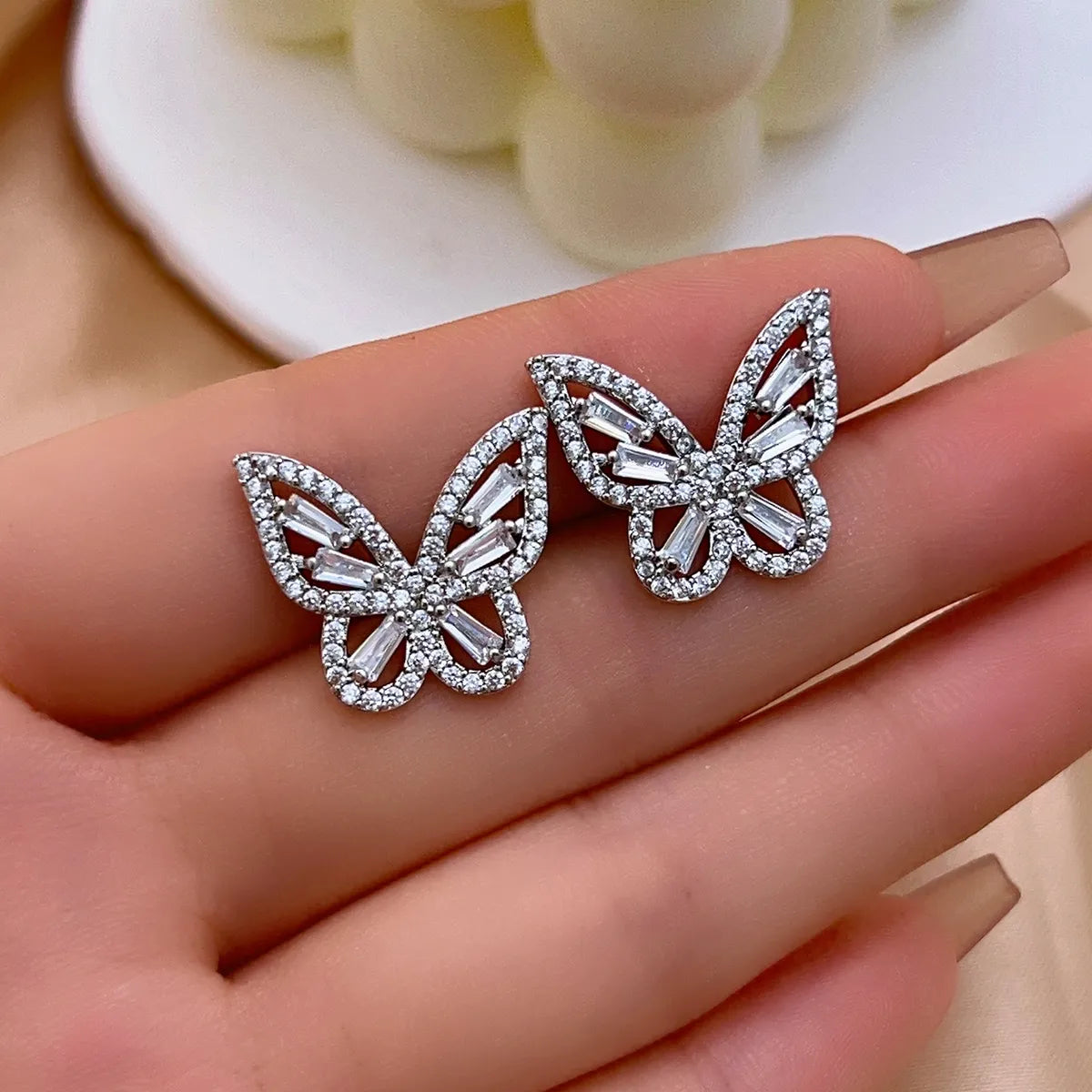 Elegant Shiny Butterfly Copper Plating Inlay Zircon White Gold Plated Earrings Necklace