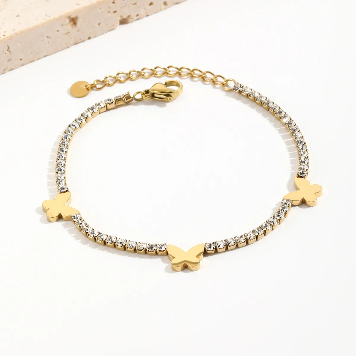 Elegant Shiny Butterfly Stainless Steel Plating Inlay Rhinestones 14k Gold Plated Bracelets