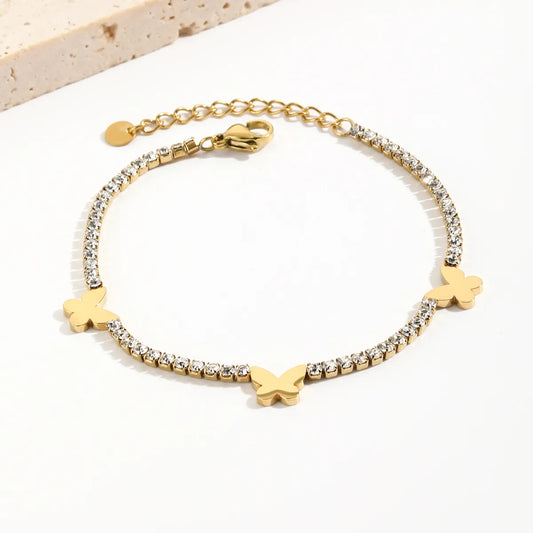 Elegant Shiny Butterfly Stainless Steel Plating Inlay Rhinestones 14k Gold Plated Bracelets