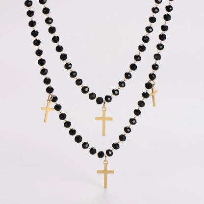 Elegant Shiny Geometric Cross Round 304 Stainless Steel Beaded Glass 18K Gold Plated Women'S Bracelets Necklace