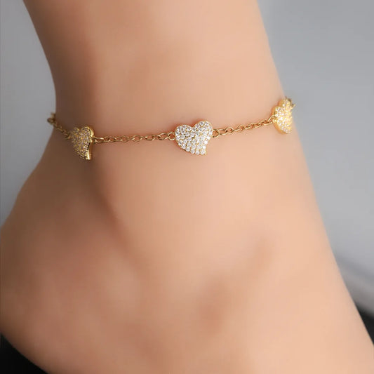 Wholesale Jewelry Elegant Shiny Heart Shape 304 Stainless Steel Copper Zircon 18K Gold Plated Inlay Anklet