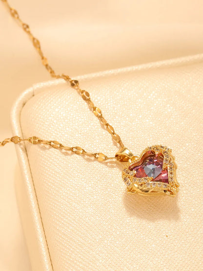 Elegant Shiny Heart Shape Stainless Steel Plating Inlay Zircon 14k Gold Plated Pendant Necklace