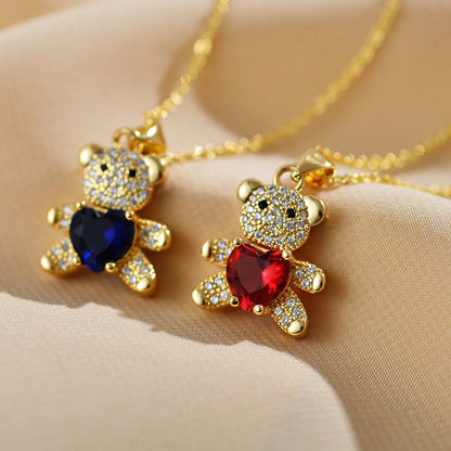 Elegant Shiny Little Bear Heart Shape Copper Inlay Zircon Gold Plated Pendant Necklace