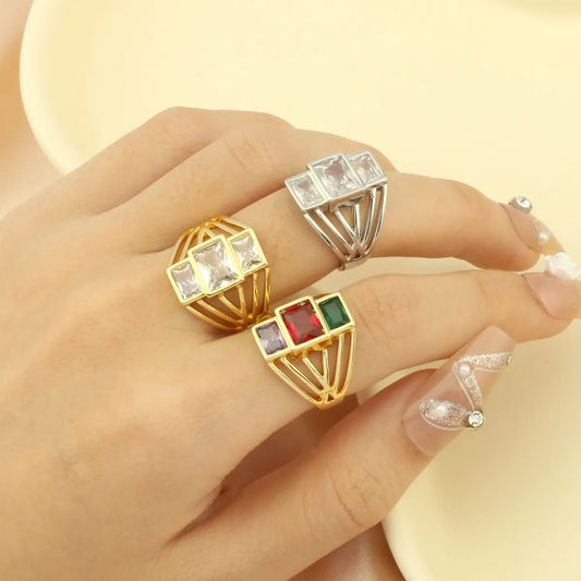 Elegant Shiny Square Copper Plating Inlay Zircon 18k Gold Plated Open Rings