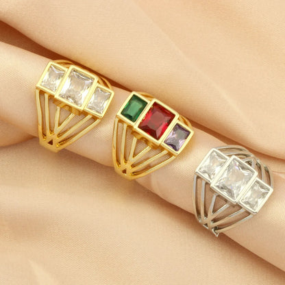 Elegant Shiny Square Copper Plating Inlay Zircon 18k Gold Plated Open Rings