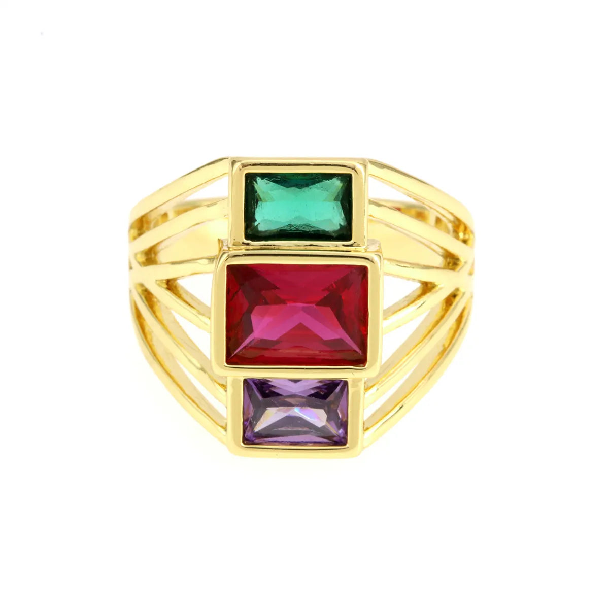 Elegant Shiny Square Copper Plating Inlay Zircon 18k Gold Plated Open Rings