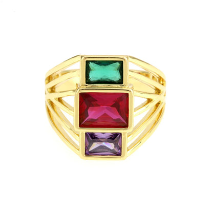 Elegant Shiny Square Copper Plating Inlay Zircon 18k Gold Plated Open Rings