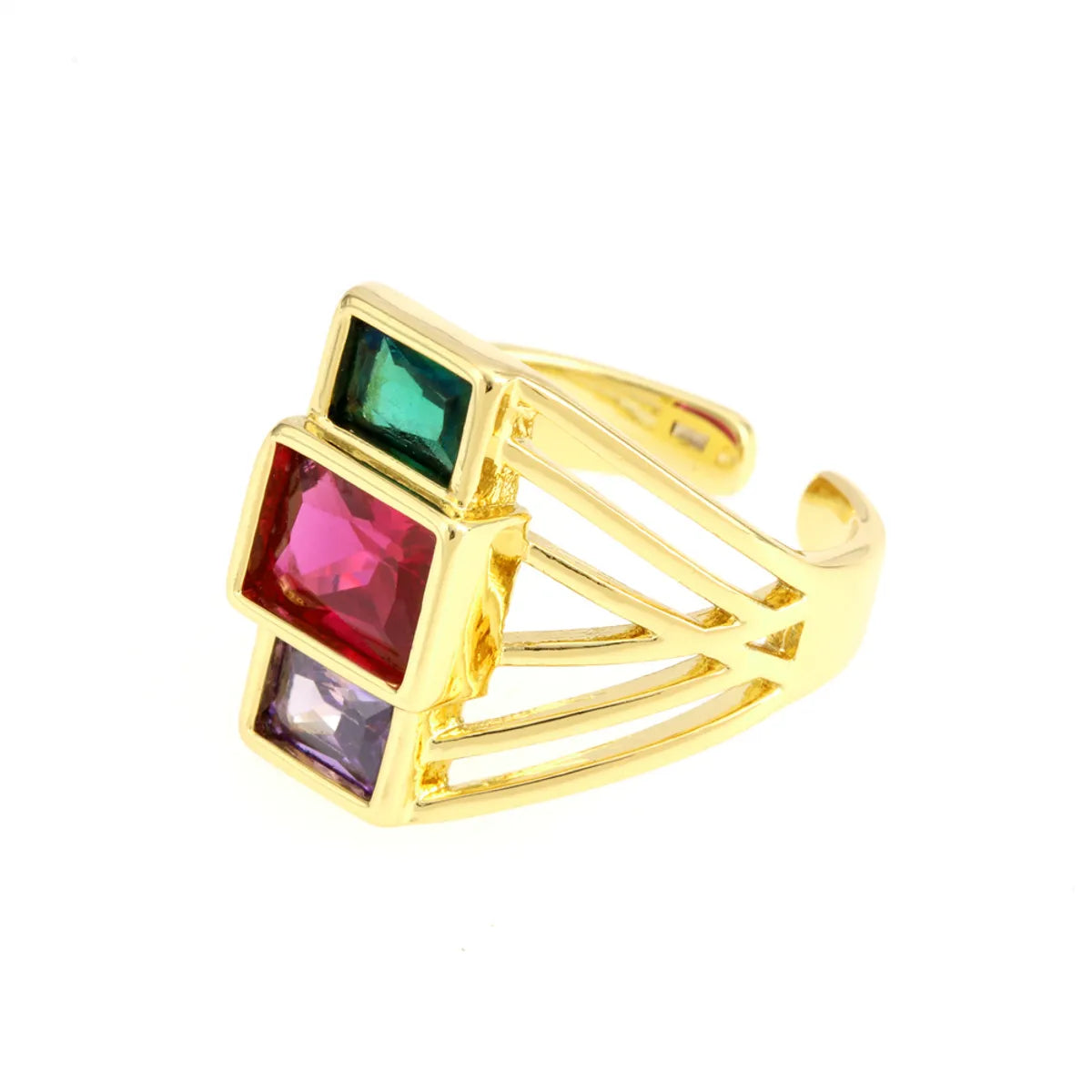 Elegant Shiny Square Copper Plating Inlay Zircon 18k Gold Plated Open Rings