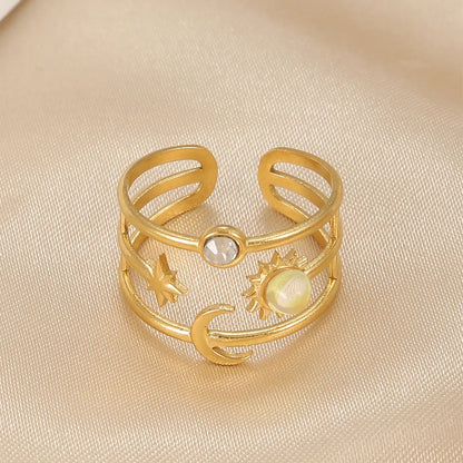 Elegant Shiny Star Moon Titanium Steel Plating Inlay Turquoise Gold Plated Open Rings