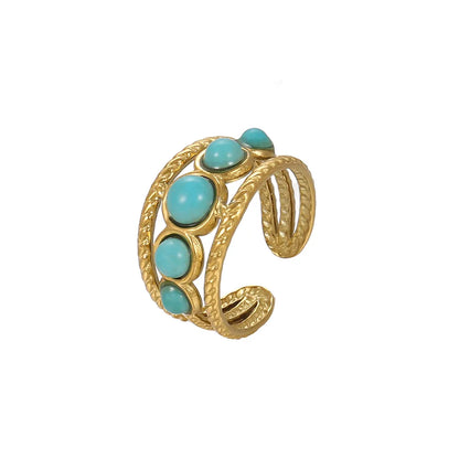 Elegant Shiny Star Moon Titanium Steel Plating Inlay Turquoise Gold Plated Open Rings