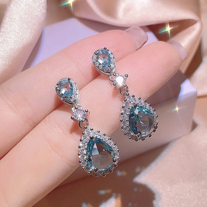 Elegant Shiny Water Droplets Titanium Steel Inlay Zircon Rings Earrings Necklace