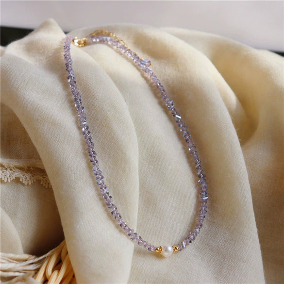 Elegant Simple Purple Geometric Beaded Necklace With Freshwater Pearl For Women Clavicle Chain Natural Style