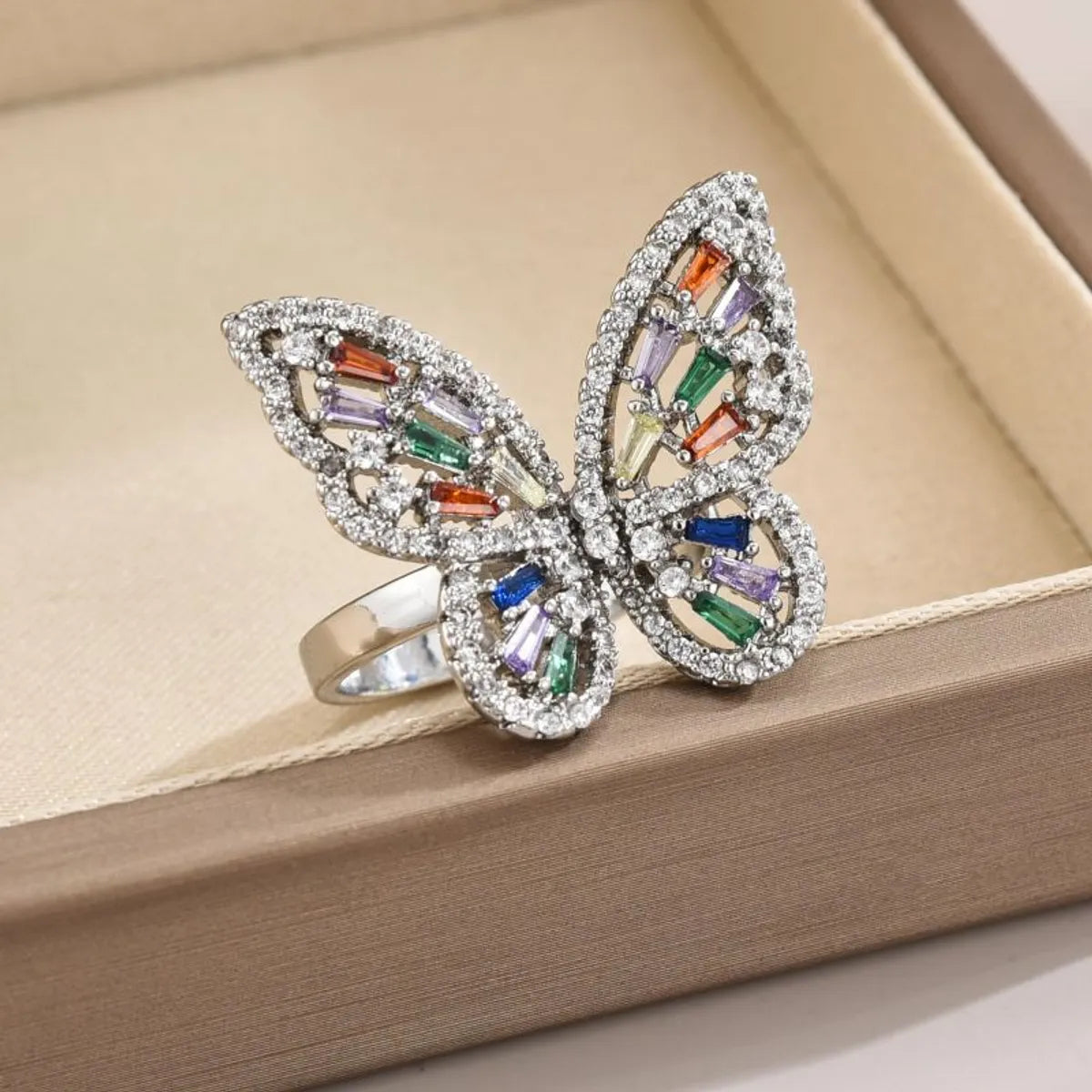 Elegant Simple Style Butterfly Copper Plating Inlay Zircon White Gold Plated Open Rings