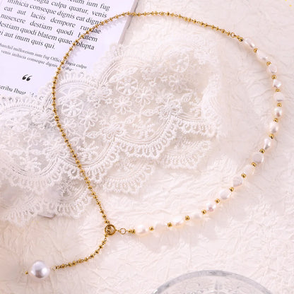 Elegant Simple Style Classic Style Round Freshwater Pearl Titanium Steel Plating Inlay Freshwater Pearl 18K Gold Plated Women'S Pendant Necklace