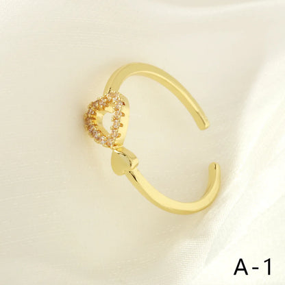 Elegant Simple Style Commute Geometric Heart Shape Copper Plating Inlay Zircon 18k Gold Plated Open Rings