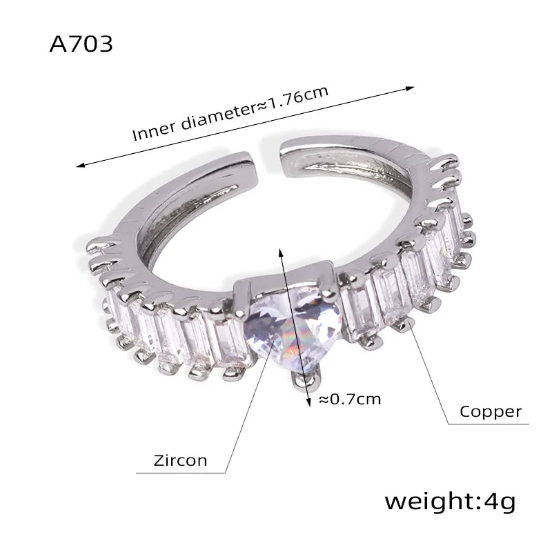 Elegant Simple Style Commute Heart Shape Copper Inlay Zircon Open Rings