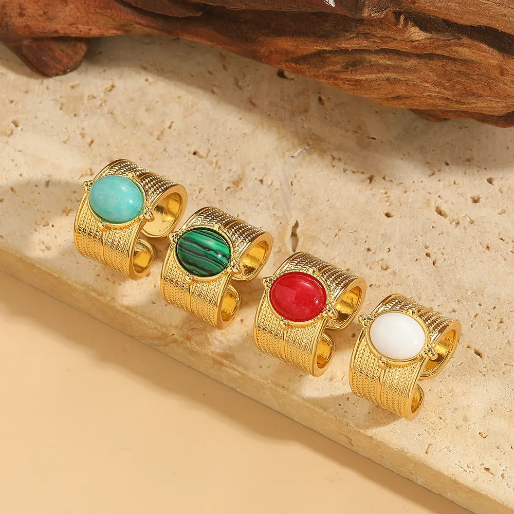 Elegant Simple Style Commute Round Natural Stone Resin Copper Inlay Natural Stone 14K Gold Plated Women'S Rings