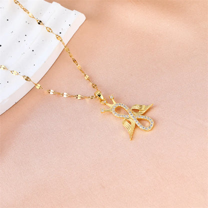 Elegant Simple Style Crown Wings Stainless Steel Plating Inlay Zircon 18k Gold Plated Pendant Necklace