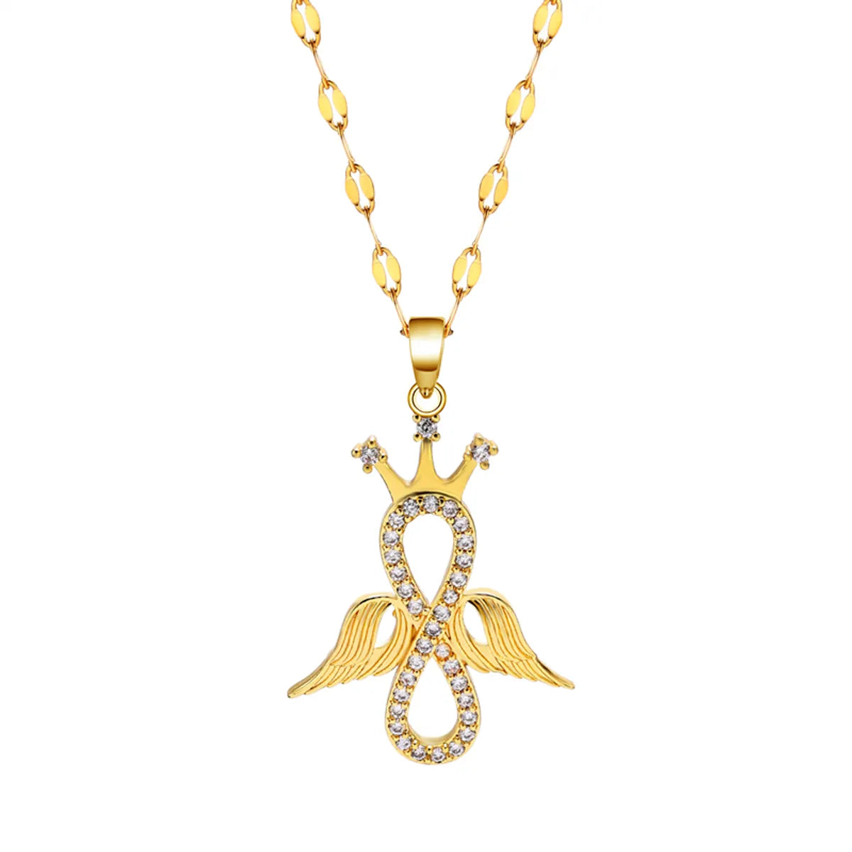 Elegant Simple Style Crown Wings Stainless Steel Plating Inlay Zircon 18k Gold Plated Pendant Necklace