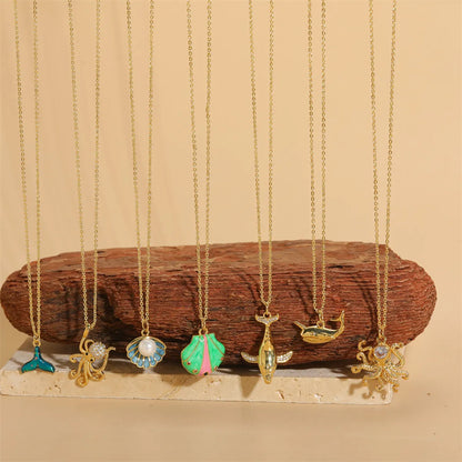 Elegant Simple Style Dolphin Shell Shark Copper 14k Gold Plated Zircon Pendant Necklace In Bulk