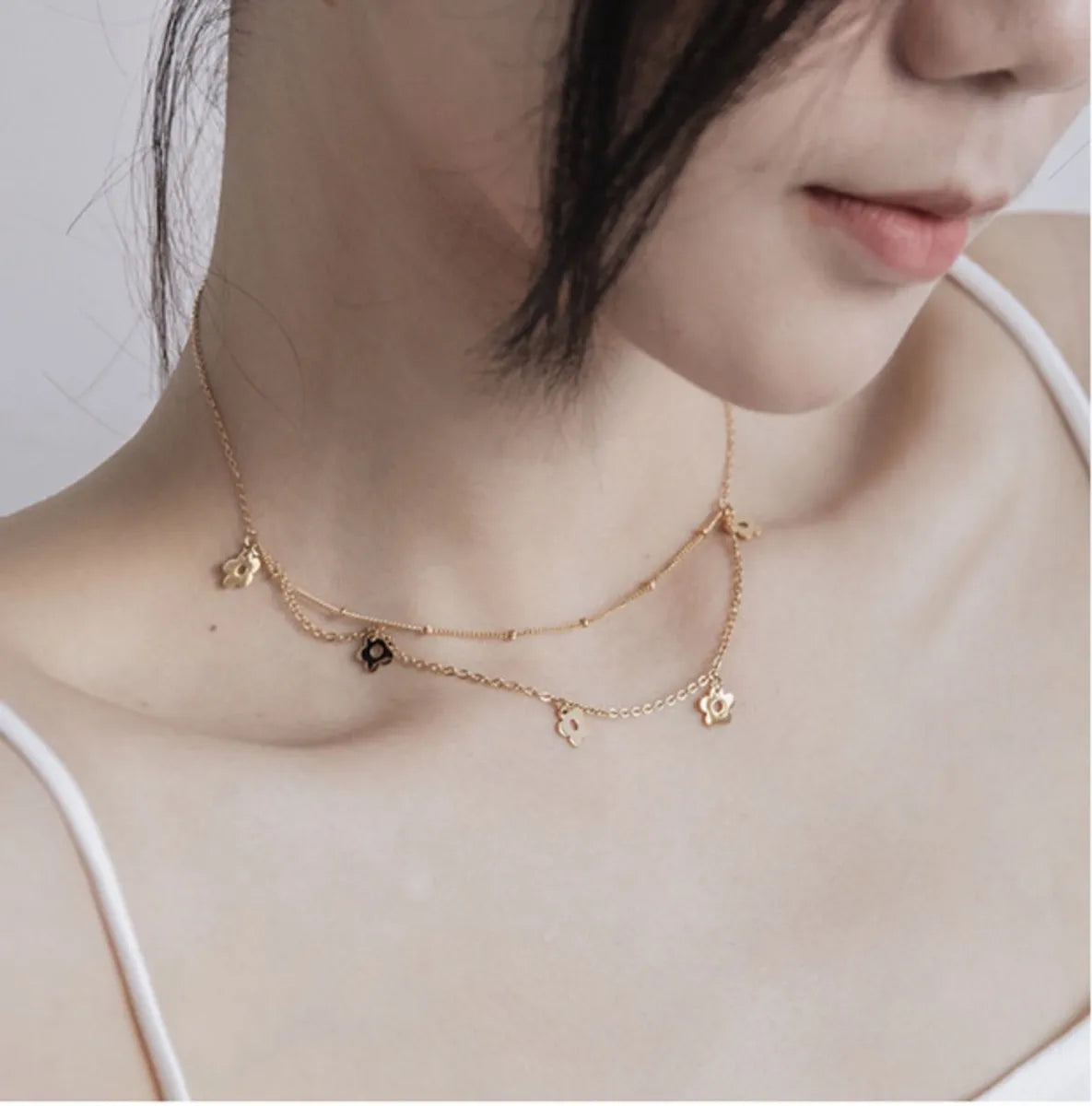 Elegant Simple Style Flower Titanium Steel Plating 18k Gold Plated Double Layer Necklaces